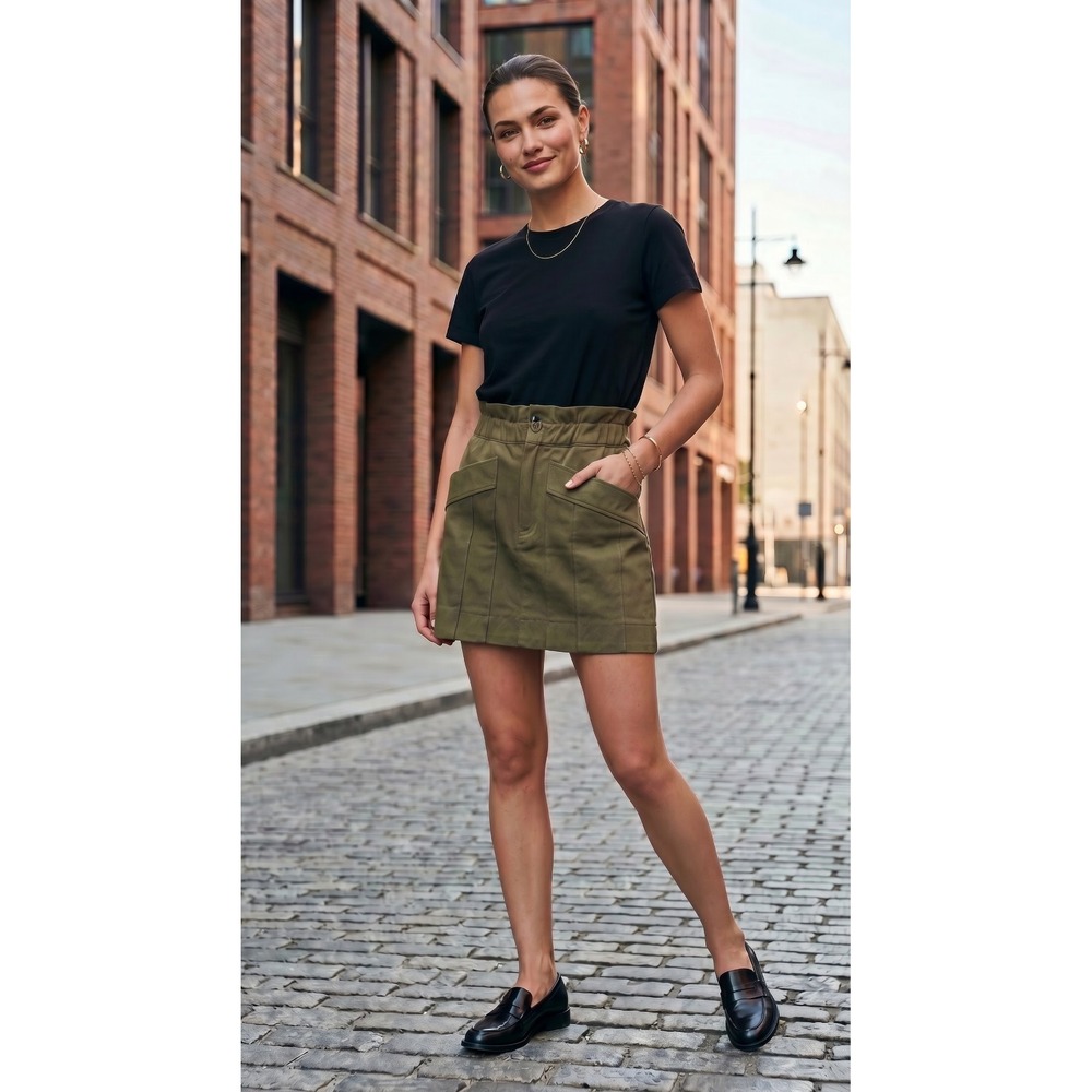 Zara Womens Olive Army Green Paper Bag High Waisted‎ Skirt Size M